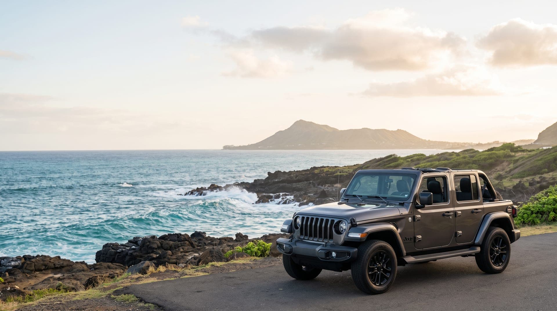 Jeep Wrangler with its soft top folded back at an ocean lookout with Diamond Head behind, Honolulu, Hawaii